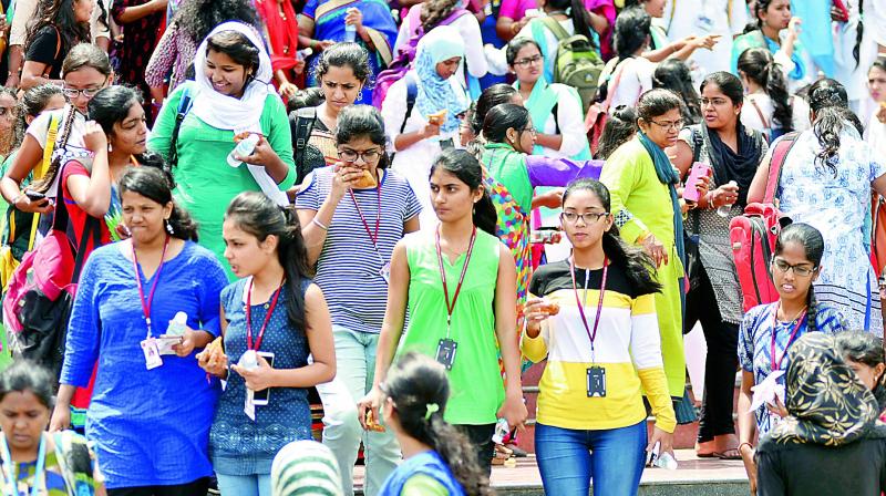 A large number of students attend the awareness campaign aganist Ragging and Harassment at Ravindrabharathi on Monday. (Photo: DC)