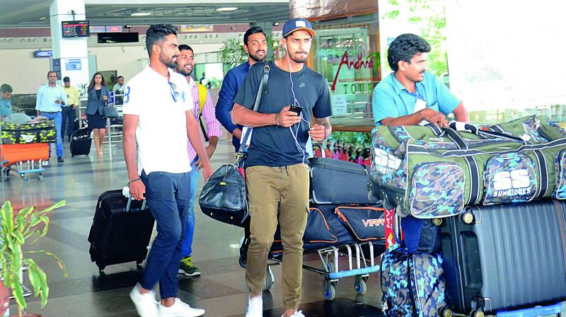 Cricketers Deepak Hooda, Krunal Pandya and Shardul Thakur arrive at Visakhapatnam Airport on Thursday to take part in the Deodhar Trophy for India Blue team. (Photo: DC)