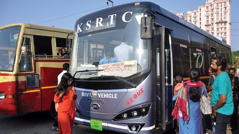 KSRTC electric bus at Ernakulam depot ahead of the  service to Thiruvanathapuram on Monday (Photo: SUNOJ NINAN MATHEW)