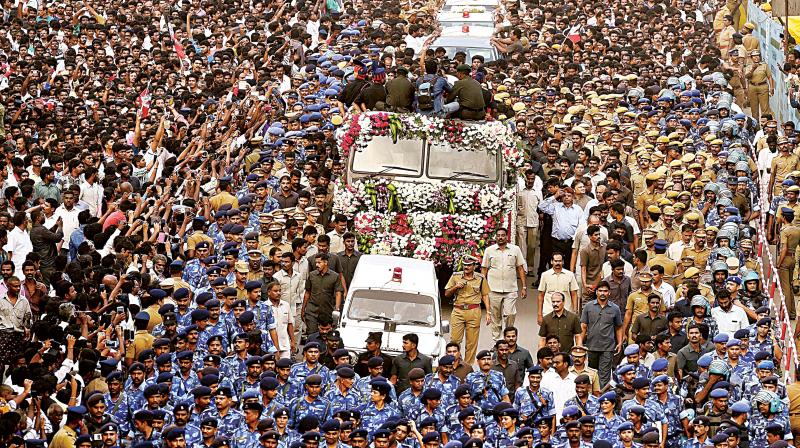 A sea of crowd during the funeral procession of Tamil Nadus former CM J. Jayalalithaa in Chennai on Tuesday	(Photo: PTI)