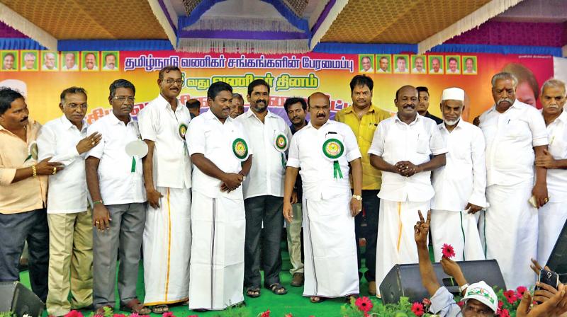 Fisheries minister D. Jayakumar participate in the Traders Day conference of the Tamil Nadu Vanigar Sangam Peramaippu, on Saturday. Traders body leader Vikrama Raja and others also seen. (Photo: DC)