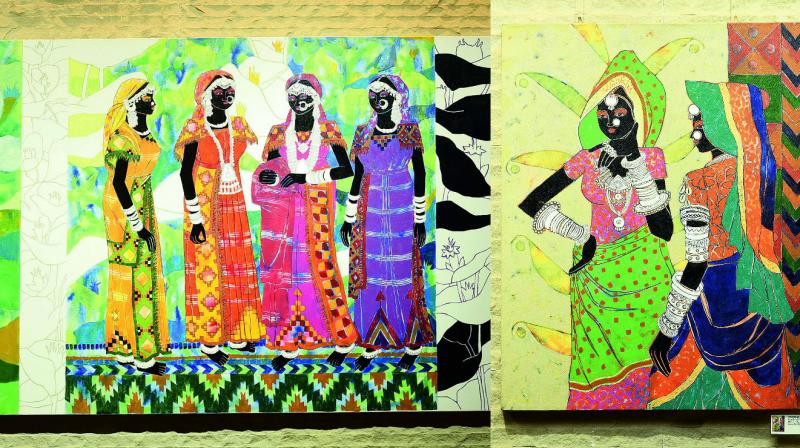 Artwork inspired by the Himachali tribes; (right) Art inspired by the tribes of Rajasthan at the Pushkar fair.