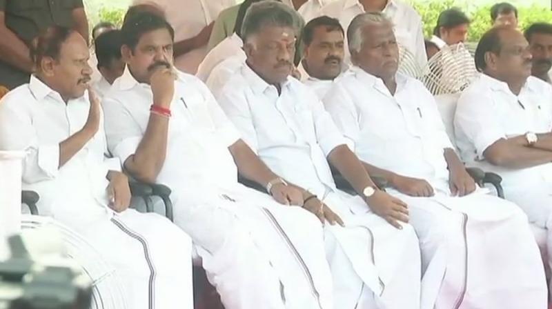 Tamil Nadu Chief Minister Edappadi K Palanisamy, Depurty Chief Minister O Panneerselvam and other leaders at the foundation stone laying ceremony for construction of a memorial for J Jayalalithaa in Chennai. (Photo: Twitter/ANI)