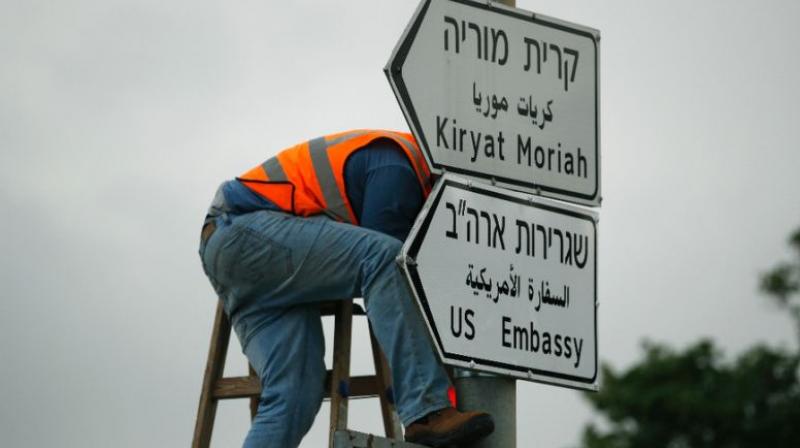 At least three US Embassy road signs went up in Jerusalem on Monday ahead of next weeks opening of the mission in accordance with President Donald Trumps recognition of the city as Israels capital. (Photo: AFP)