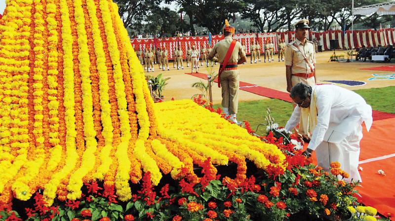 Chief Minister Siddaramaiah attends the Police Commemoration Day function at KSRP Parade Grounds, Koramangala in Bengaluru on Saturday. (Photo: DC)