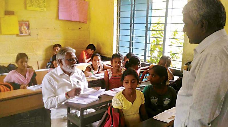 Minister for Primary and Secondary Education Mahesh during his visit to a government school in Channapatna in Hassan on Wednesday