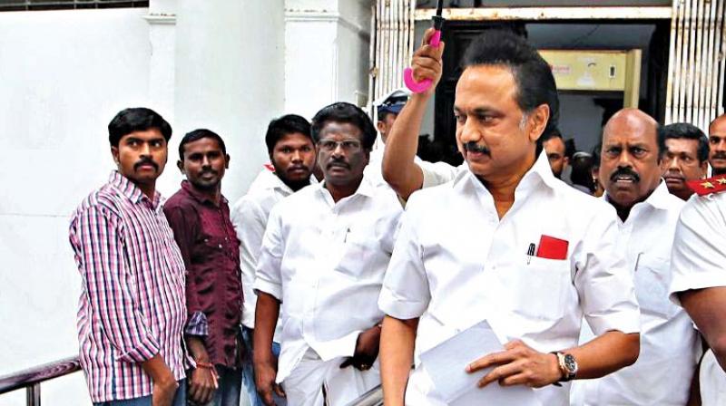DMK working president M.K. Stalin along with party MLAs stage a walkout from the Assembly on Wednesday. (Photo: DC)