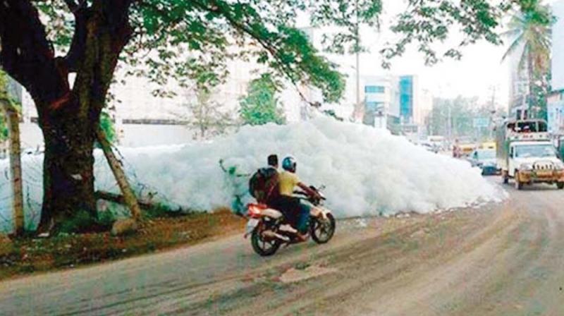 File photo of froth coming out of Varthur lake
