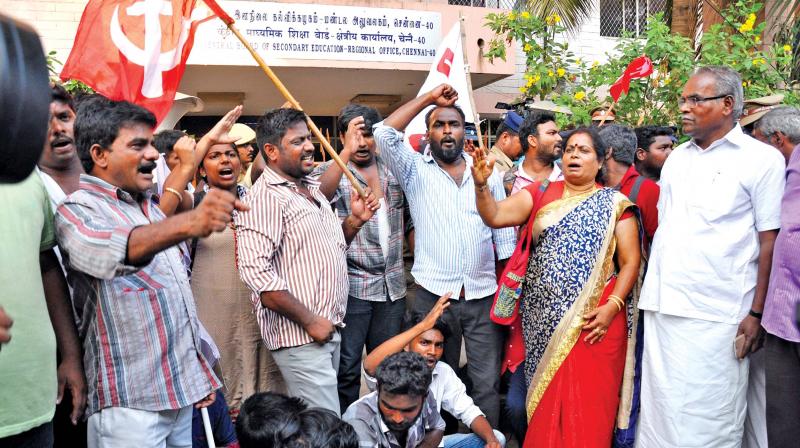 CPI (M) state secretary K.Balakrishnan and party members protest before CBSE regional office in Anna Nagar, condemning the allocation of exam centres to NEET applicants in other states, on Friday.	 (Photo:DC)