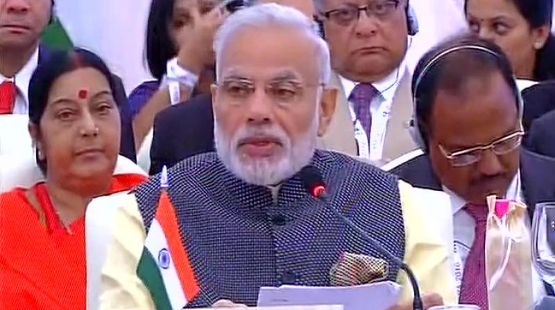 Prime Minister Narendra Modi addressing the BRICS plenary sessiomn. (Photo: Twitter)