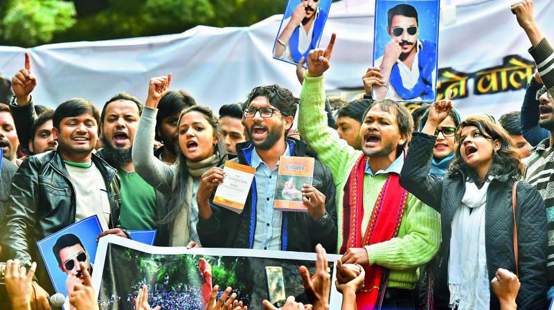 Dalit leader and Gujarat MLA Jignesh Mevan (centre), Shehla Rashid, Kanhaiya Kumar and farmers leader Akhil Gogoi during a rally in New Delhi on Tuesday. (Photo: PTI)