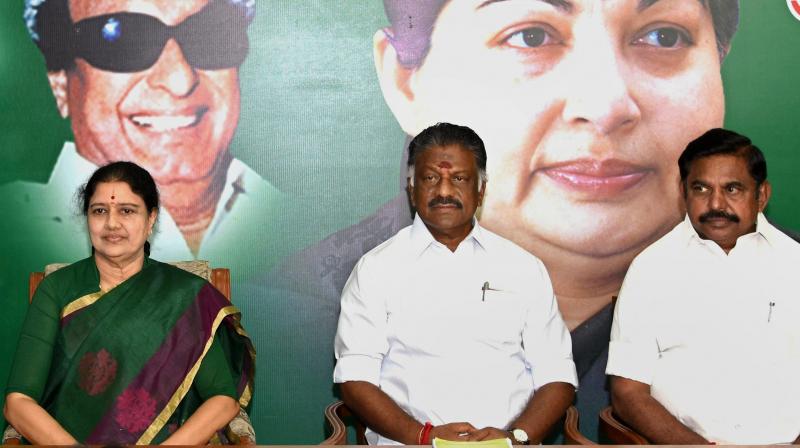 O Panneerselvam and AIADMK General Secretary V K Sasikala at the party MLAs meeting in which she was elected as AIADMK Legislative party leader, set to become Tamil Nadu CM, at Partys Headquarters in Chennai. (Photo: PTI)