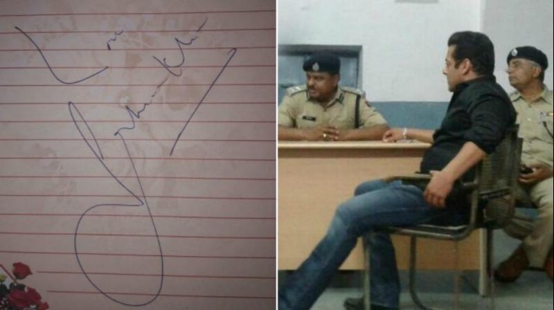 (R-L) Salman Khan before going in Jodhpur jail, his autograph to a little kid. (Photo: ANI/Twitter)