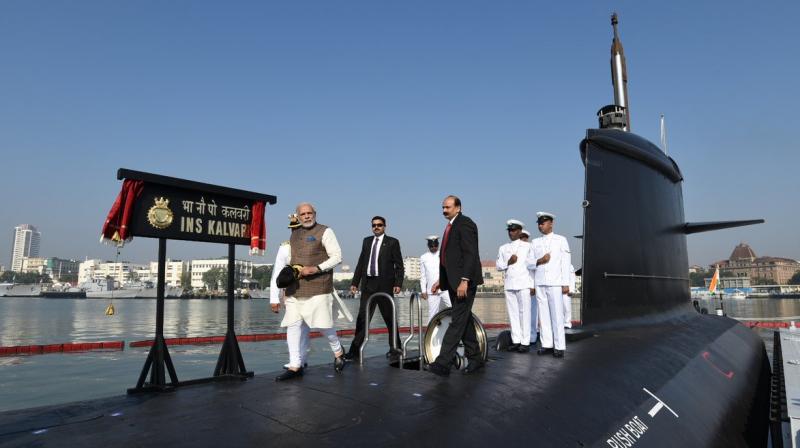 INS Kalvari is a diesel-electric attack submarine that has been built for the Indian Navy by the Mazagon Dock Shipbuilders Limited. (Photo: Twitter | @narendramodi)