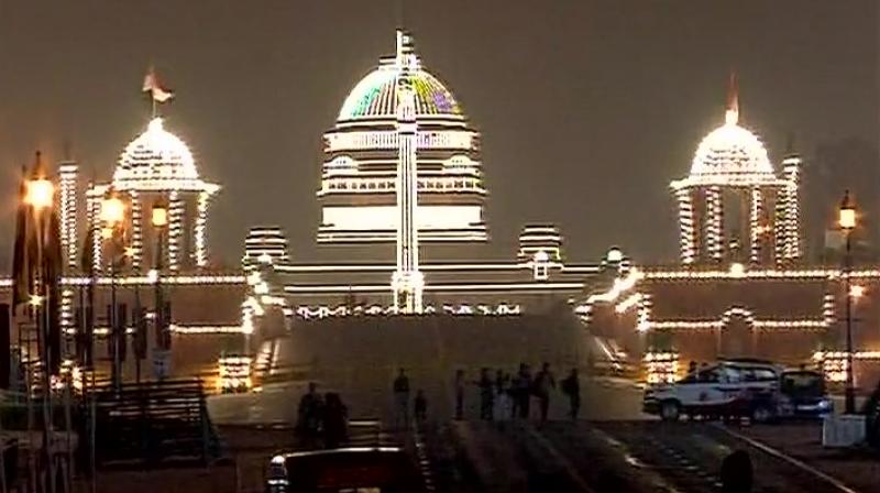 Rashtrapati Bhavan lit up on Thursday on the occasion of Republic Day. (Photo: ANI Twitter)