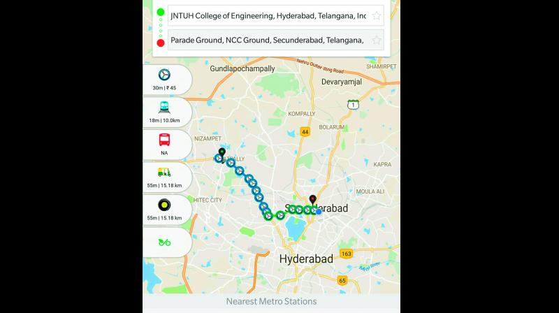 Commuters can get the real-time updates on the T-Savari app. They can get not just timings of Metro but also those of MMTS and APSRTC buses on the app. (A screenshot of the T-Savari app)