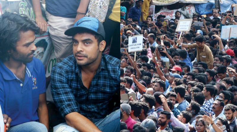 Left: Actor Tovino Thomas talks to Sreejith in front of Secretariat on Sunday. Right: Supporters gather with banners with the title Pramukanallatha Sreejithinoppam (with non-celebrity Sreejith). (photo: DC)