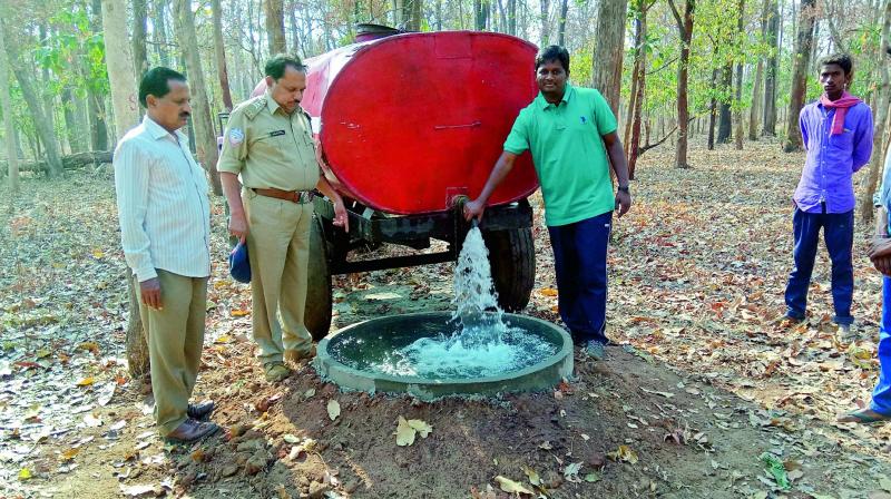 Forest officials filling a cement ring with water.