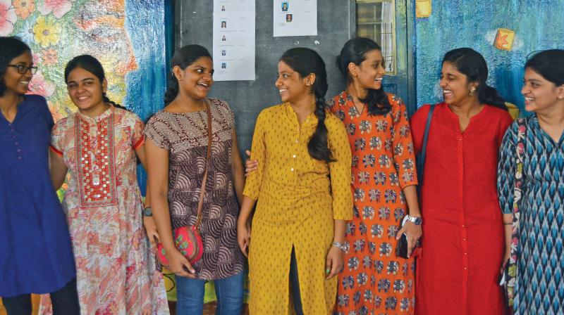 Students sharing joy at DAV Girls Senior Secondary School in Gopalapuram after the declaration of CBSE class 12 results on Saturday. (Photo: DC)