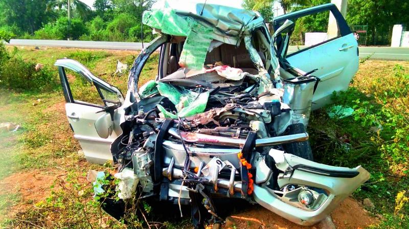 The mangled remains of the SUV that met with an accident at Kandukur. (Image DC)