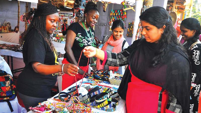 Uganda natives sell their crafts at Irigal Sargaalaya Craft Village as part of the International Crafts Expo on Thursday. (Photo: venugopal)