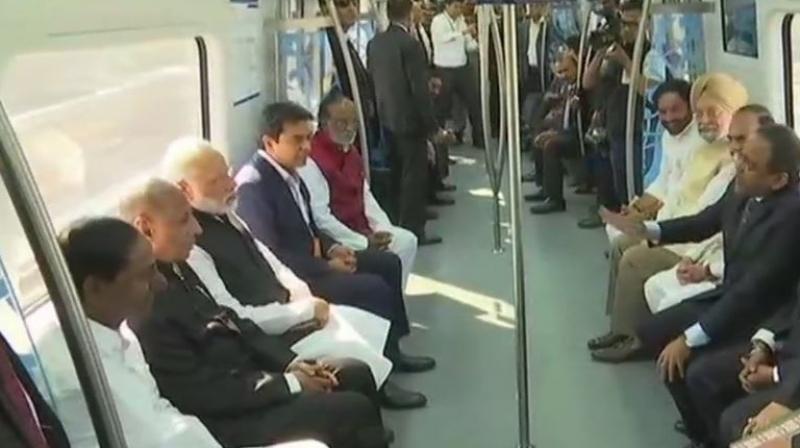 Prime Minister Narendra Modi takes inaugural ride in Hyderabad metro on Tuesday. (Photo: Twitter | ANI)