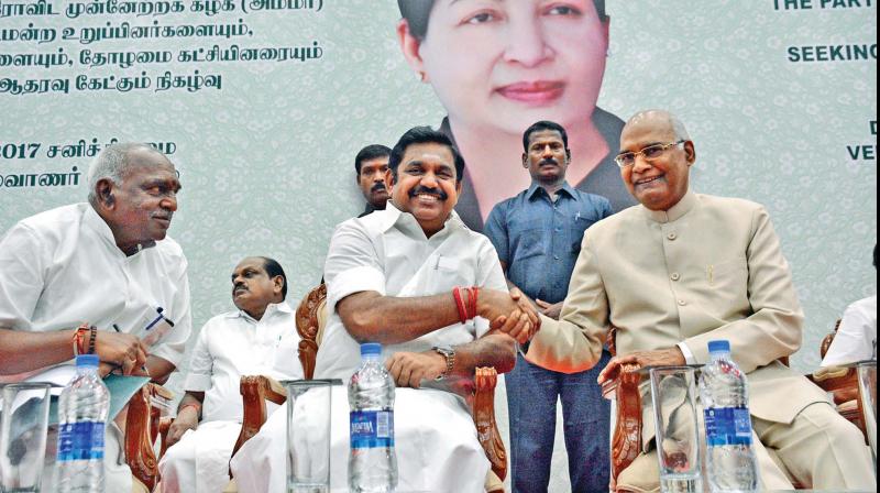 Chief Minister Edappadi K. Palaniswami shakes hands with the NDA presidential candidate Ram Nath Kovind who was in the city on Saturday to seek the support of the ruling AIADMK and other parties for his candidature. Union minister Pon Radhakrishnan also seen. (Photo: DC)