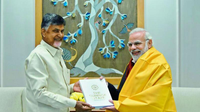 AP Chief Minister N. Chandrababu and Prime Minister Narendra Modi are all smiles during their meeting in New Delhi.