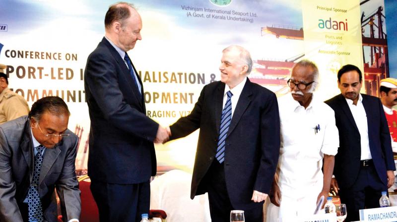 Governor P.Sathasivam greets Consul General of the Netherlands for south India Gert Heijkoop during the port-led industrialisation and community development conference  in Thiruvananthapuram on Monday.  (PEETHAMBARAN PAYYERI)
