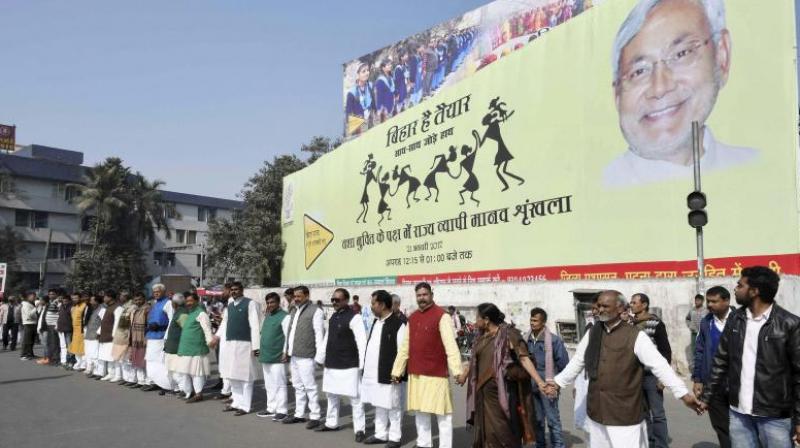 Lakhs of people formed a massive human chain against alcoholism and other addictions at historical Gandhi Maidan in Patna on Saturday. (Photo: PTI)