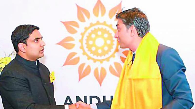 Minister for IT Nara Lokesh interacts with Wipro Limited chief strategy officer and Nasscom executive council chairman Rishad Premji at Davos on Tuesday.