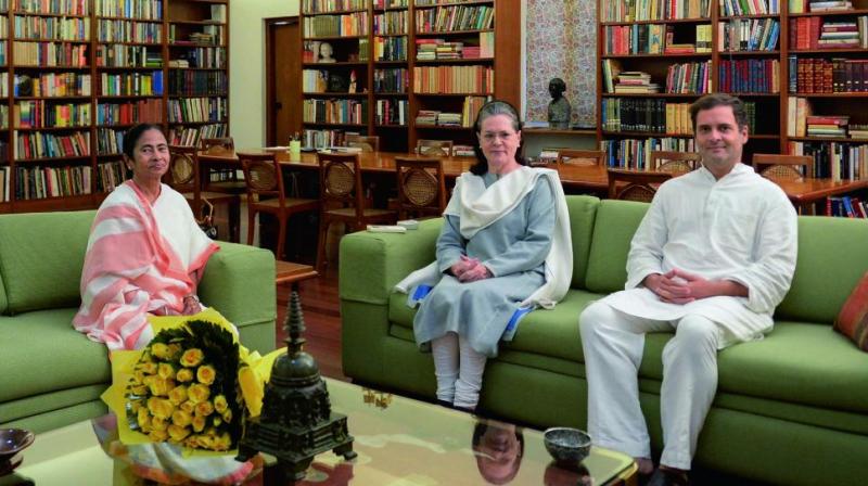 West Bengal chief minister and Trinamul Congress chief Mamata Banerjee meets UPA chairperson Sonia Gandhi and Congress president Rahul Gandhi at 10 Janpath in New Delhi. (Photo: PTI)