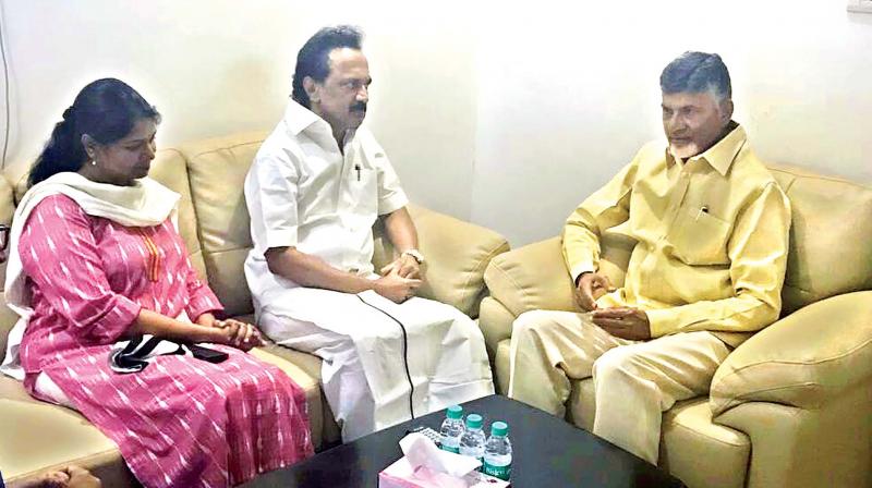 Andhra Pradesh Chief Minister N. Chandrababu Naidu talks with M.K Stalin at Cauvery hospital where the latters father M. Karunanidhi has been admitted since July 28. 	(Photo:DC)