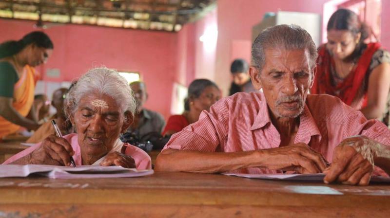 Karthiyaniamma Krishnapillai during the examiantions held at Government Lower Primary School, Kanichanelloor, Cheppad on August 5 (Photo: DC)