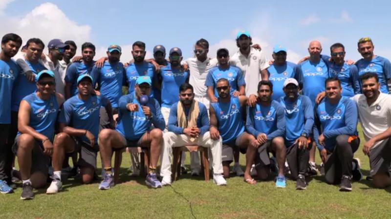 \On behalf of the whole Indian team and the support staff, all the way from Sri Lanka, we want to wish All the best,\ said Virat Kohli along with the entire team while the newly-appointed head coach of Kohlis side, Ravi Shastri, said  Go for it ladies. Give it to the Poms.  (Photo: Screengrab )