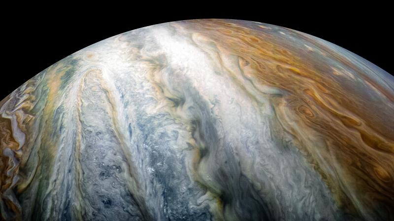Jupiters southern hemisphere in this image captured by NASAs Juno spacecraft.