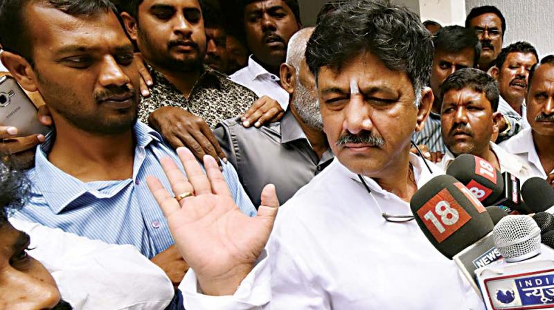Water Resources Minister D.K. Shivakumar addresses the media in Bengaluru on Thursday (Photo: DC)