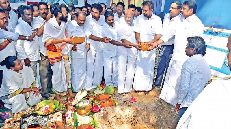 State ministers S. P. Velumani, D. Jayakumar and  B. Benjamin lay foundation stone for the first  multi-level car parking at T Nagar. 	DC