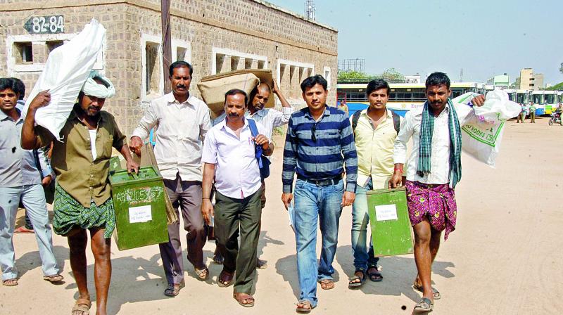 Election staff shifting ballot papers and other polling material for MLC polls in Anantapur on Wednesday. (Photo: DC)