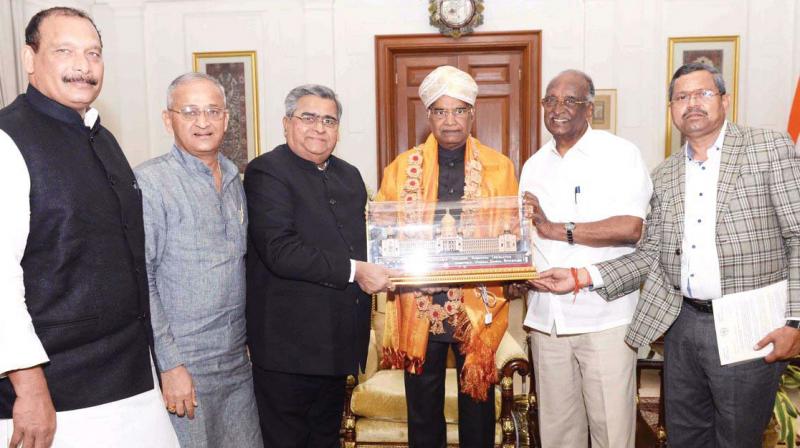 Newly elected President Ram Nath Kovind with Legislative Assembly Speaker K.B. Koliwad and Legislative Council chairman Shankaramurthy in a file photograph