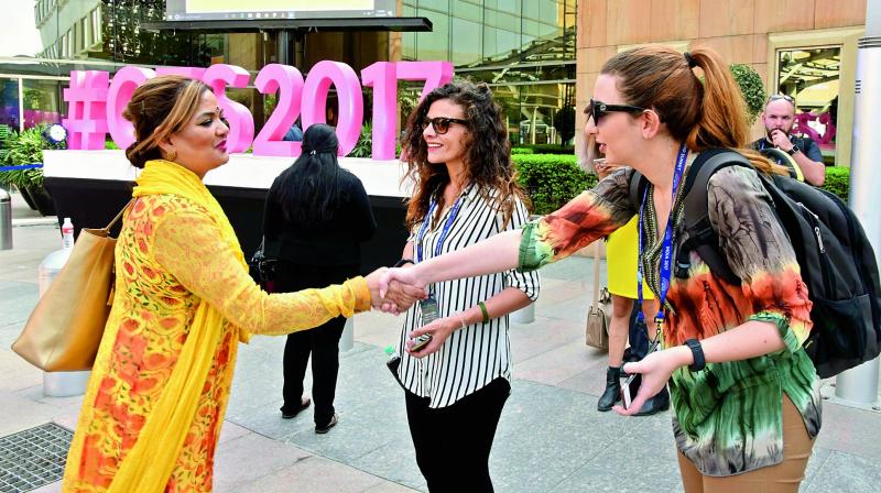 Women delegates bid farewell on the final day of the Global Entrepreneurship Summit-2017 on Thursday in Hyderabad. 	(Photo: DC)