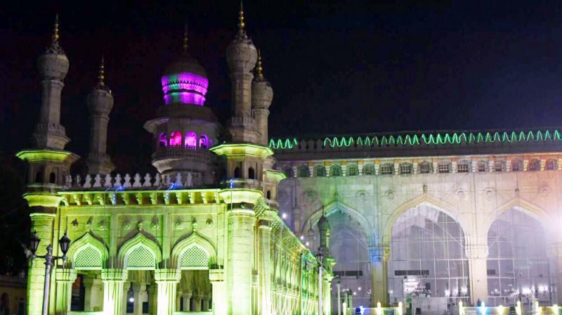 Mecca Masjid is illuminated for Milad-un-Nabi, the birthday of Prophet Muhammad, which is to be celebrated on Saturday in the city. (Photo: DC)