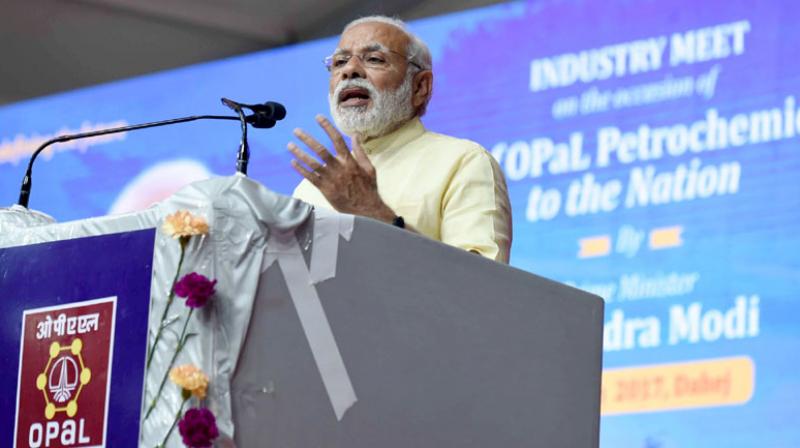 Prime Minister Narendra Modi delivering his address at the Industry Meet at ONGC Petro Additions Limited (OPAL) in Dahej, Gujarat, on Tuesday. (Photo: PIB)