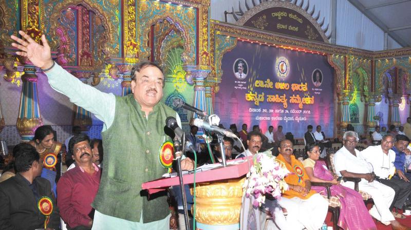 Union parliamentary affairs minister and senior BJP leader Ananth Kumar speaks at the valedictory function of the 83rd Akhila Bharata Kannada Sahitya Sammelana in Mysuru on Sunday. (Photo: DC)