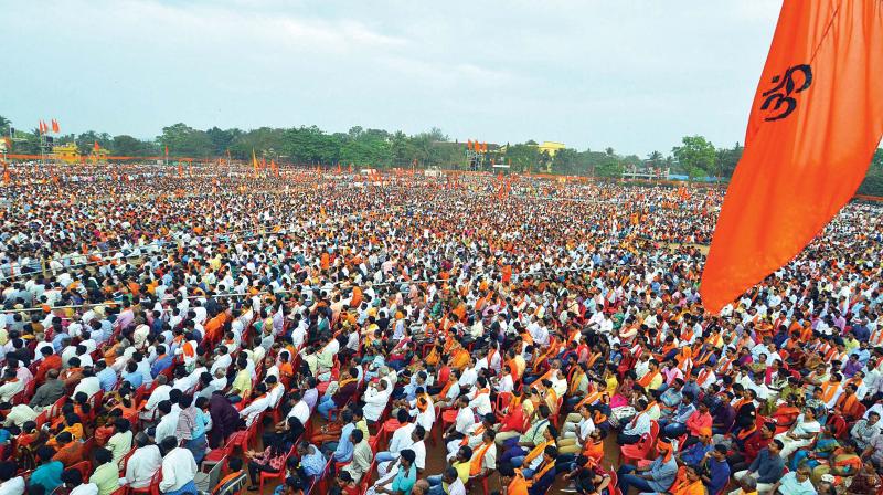 A view of the Virat Hindu Samajotsava in Udupi on Sunday organised on the conclusion of the three-day Dharma Sansad. (Photo: DC)