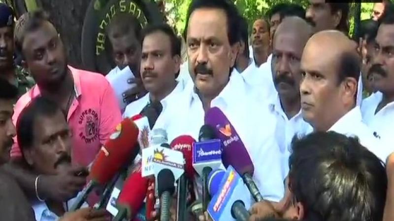 During the protest, Stalin demanded the resignation of Tamil Nadu Governor Purohit on grounds of his party workers being detained in Trichy.(Photo: ANI)