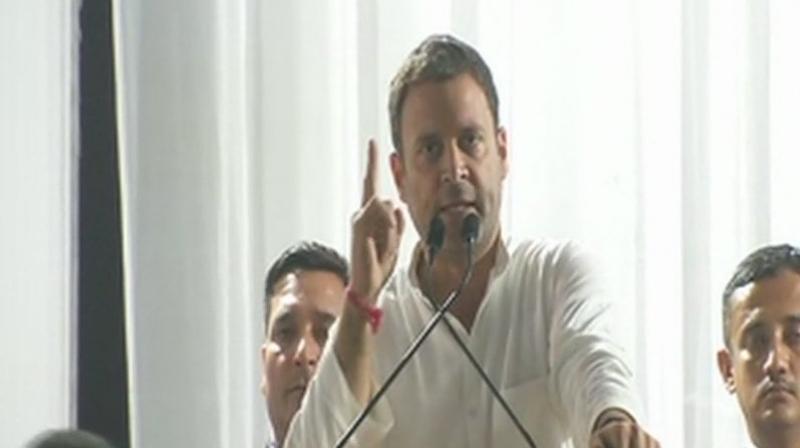 Congress vice president Rahul Gandhi accused Prime Minister Narendra Modi of not talking his future plans for the state and keeping mum on the issue of corruption. (Photo: Twitter | ANI)