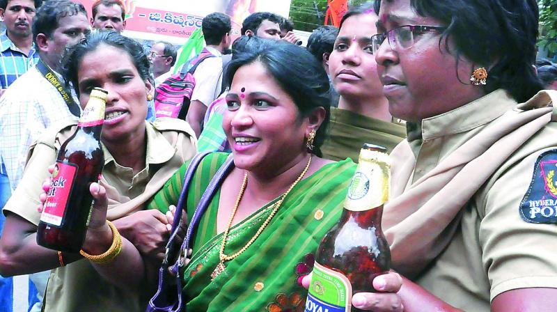 Women activists stage a protest against liquor shops in this file picture.