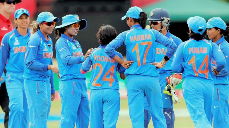 Indian players celebrate the dismissal of a Sri Lankan wicket at the County Ground, Derby on Wednesday.(Photo: AP)