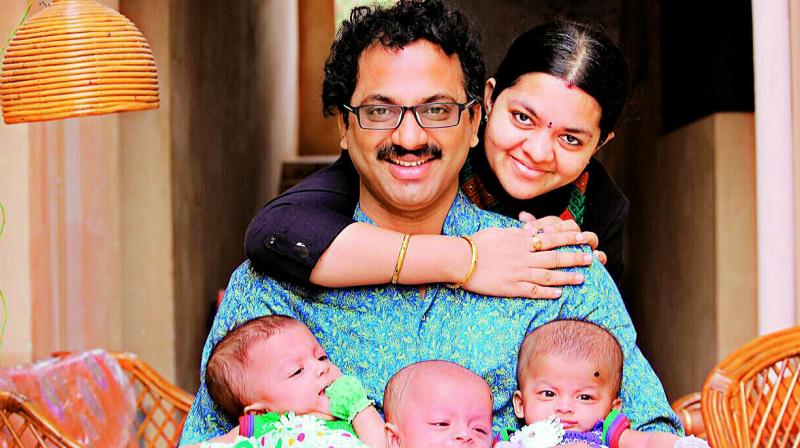 Director G. Ashok with his wife Vijaya and their three children, triplets